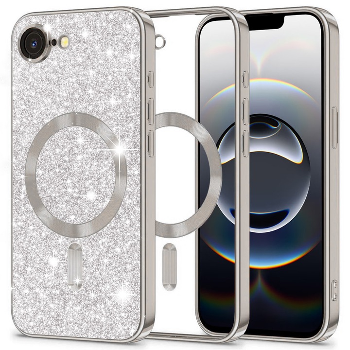 Husa de protectie compatibila cu Apple iPhone 16e, Luxury Glitter, compatibila MagSafe, TPU, Argintiu-Transparent