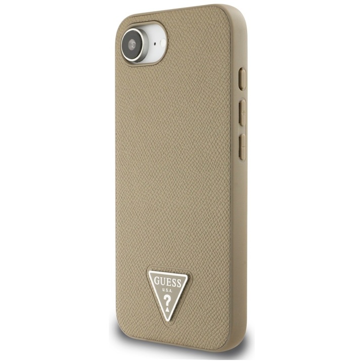 Husa Guess Grained Triangle maro iPhone 16e TPU piele ecologica