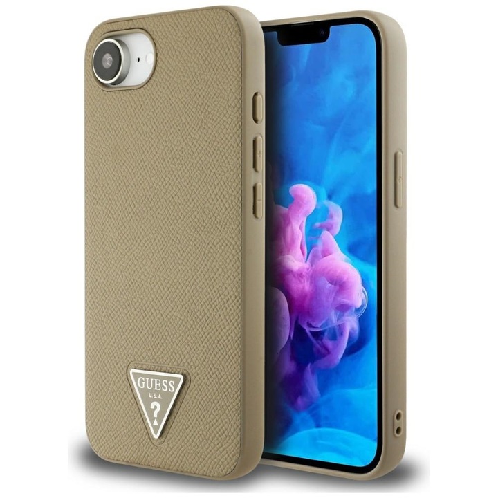 Husa Guess Grained Triangle maro iPhone 16e TPU piele ecologica