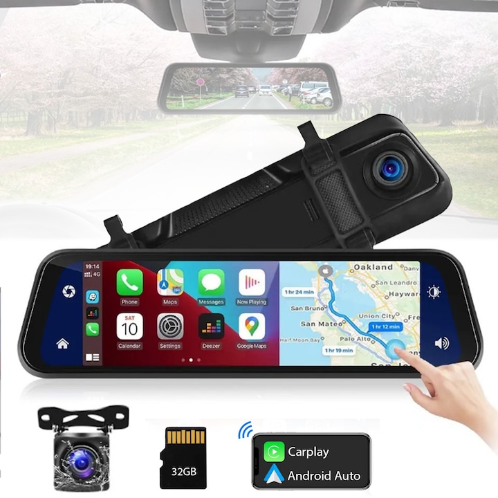 Камера за кола DVR, предна 4K + задна 1080P, Carplay и Android auto, 9,66 инчов тъчскрийн, FM предавател, Bluetooth, нощно виждане, мониторинг на паркинг, камера за задно виждане, цикличен запис с презаписване, OUYLAF, черна