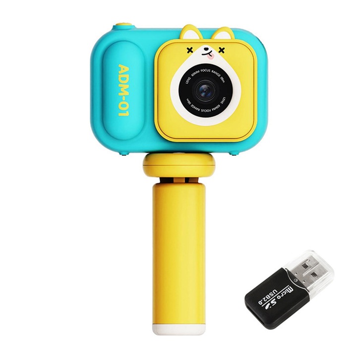OUYLAF Digitális Fotó-Videó Kamera gyerekeknek, 2.4 hüvelykes képernyő, Full HD, 600 mAh, 48 millió pixel, 64 GB SD kártya mellékelve, Dupla elülső és hátsó kamera, Időzített fényképezés, Intelligens fókusz, játékok, fotó, videó és MP3, többszínű