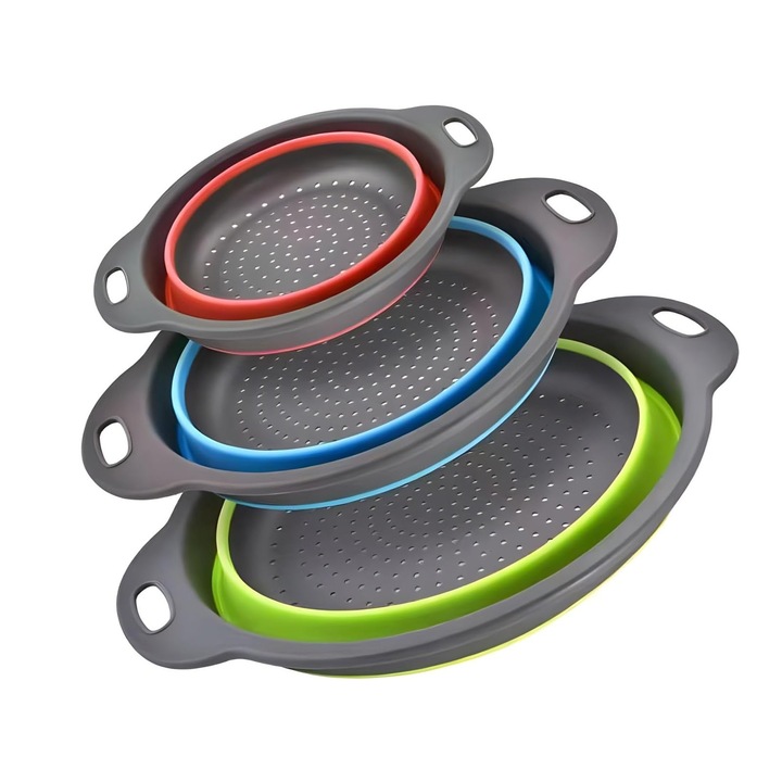 Комплект от 3 сгъваеми силиконови цедки, ZGGZERG, парчета силиконови кошници за оттичане, с дръжки, лесни за съхранение, подходящи за машинно пране, термоустойчиви, за плодове и зеленчуци, PP+TPE, различни размери, многоцветни