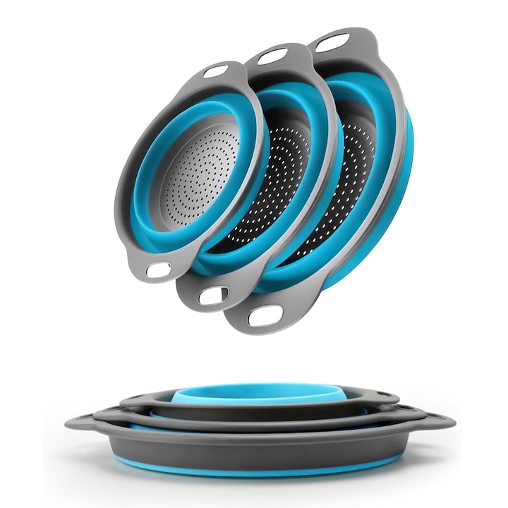 Комплект от 3 сгъваеми силиконови цедки, ZGGZERG, силиконови кошници за оттичане, с дръжки, лесни за съхранение, подходящи за машинно пране, термоустойчиви, за плодове и зеленчуци, PP+TPE, различни размери, сини