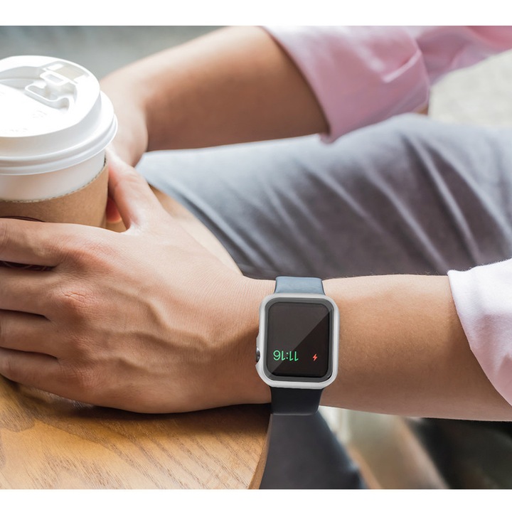 Carcasa de protectie din PC cu protectie din sticla temperata pentru Apple Watch Series 3/2/1 38mm, subtire, rezistenta la zgarieturi, Silvery