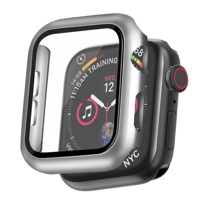 Carcasa din PC dur cu protectie din sticla temperata pentru Apple Watch SE (2nd Gen) Series 6/5/4 40mm, Argintiu
