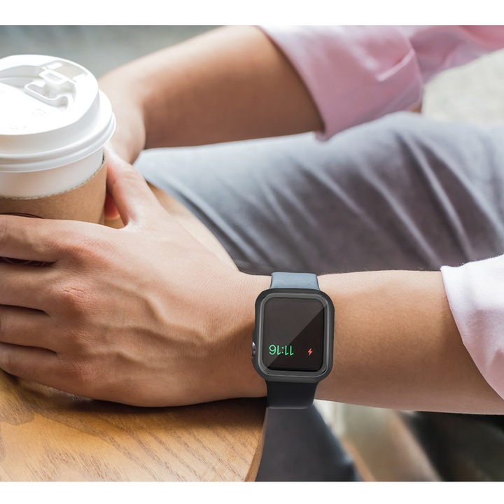 Carcasa bumper din PC pentru Apple Watch Series 10 42mm, protectie completa cu sticla temperata, Negru