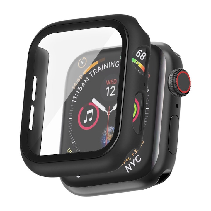 Carcasa bumper din PC pentru Apple Watch Series 10 42mm, protectie completa cu sticla temperata, Negru