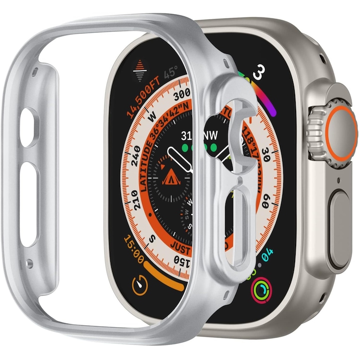 Carcasa de protectie pentru Apple Watch Ultra 49mm, cu protectie din sticla temperata 9H, design subtire, culoare argintie, set inclus
