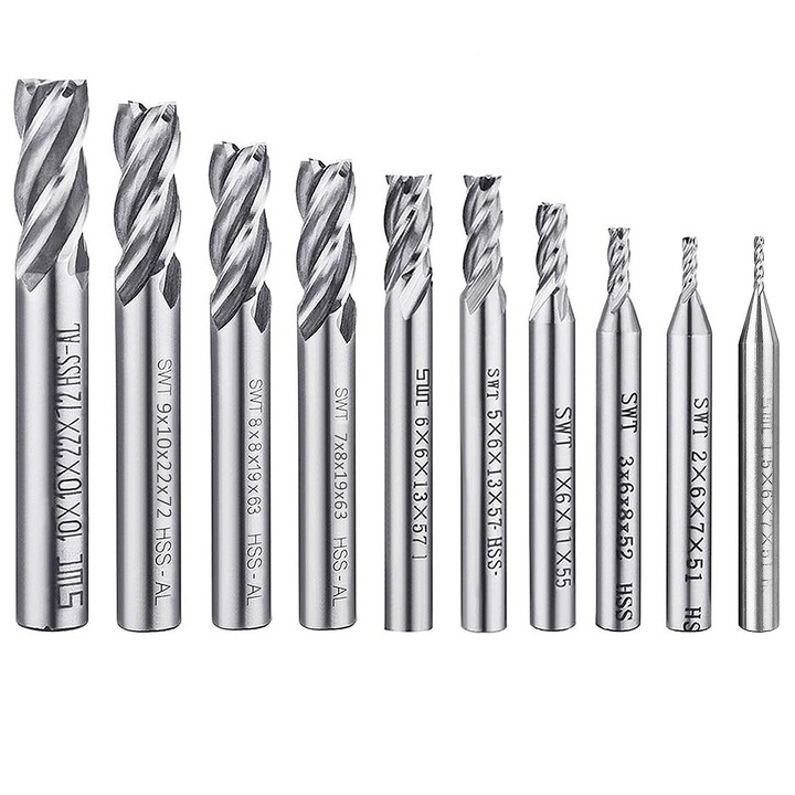 Set 10 freza spirala cu 4 caneluri, ZGGZERG, Set de burghie rotunde cu tija dreapta, 1.5-10mm, Performanta de taiere precisa, Indepartarea rapida a aschiilor, Cu cutie de depozitare, Pentru CNC/Lemn/PVC/Aluminiu, Otel de mare viteza, Argint