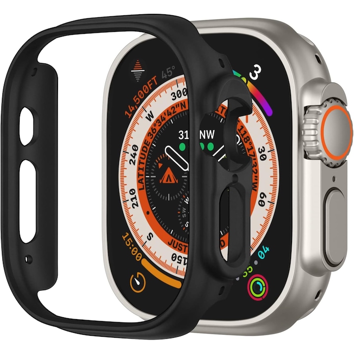Carcasa de protectie pentru Apple Watch Ultra 49mm, cu protectie din sticla temperata 9H, design subtire, set inclus, Negru