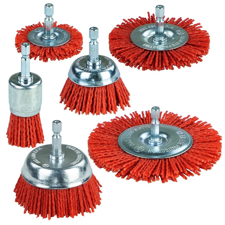 Set 6 perie din sarma de nylon, ZGGZERG, Perie fir nylon abraziv circulara, Perie de gaurit cu discuri, Cu prindere hexagonala de 6.35mm(1/4inch), Pentru curatare, slefuire si lustruire, indepartarea vopselei si ruginii, Metal, 25-100mm, Rosu/Argintiu