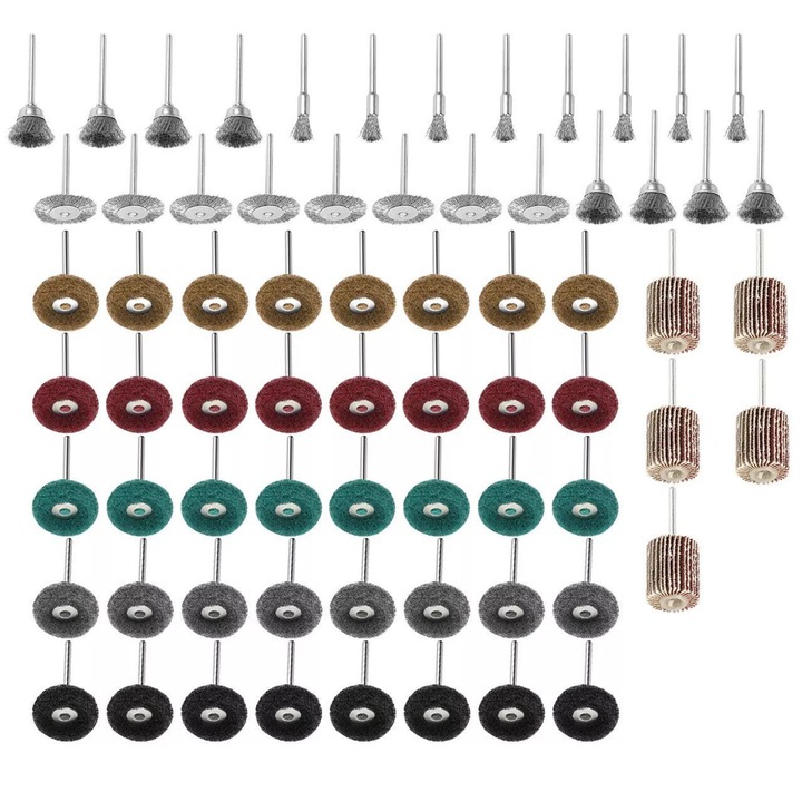 Set 69 perii abrazive pentru lustruire, ZGGZERG, Bucati roti abrazive de lustruire, Bucati tampon de curatat roti abrazive, 5-25mm, Cu tija de conectare de 3mm, Pentru indepartarea ruginii si polizare, Fibra/Sarma/Hartie smirghel/Metal, Multicolor