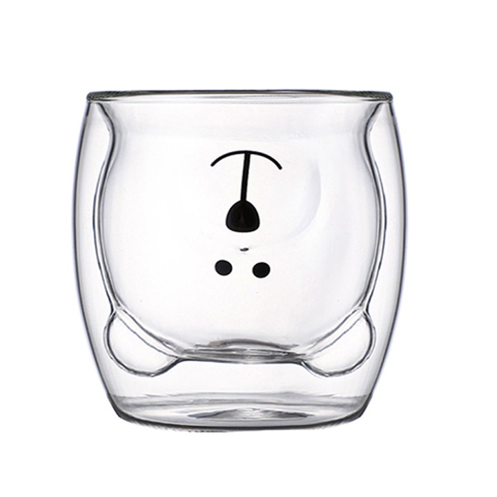 Set cana din sticla cu pereti dubli, ZGGZERG, 250 ml, Interior ursuleti, Termorezistenta, Reutilizabila, Usor de curatat, Design ergonomic, Potrivita pentru cappuccino, Smoothie-uri, Fulgi de ovaz, Sticla, Transparent