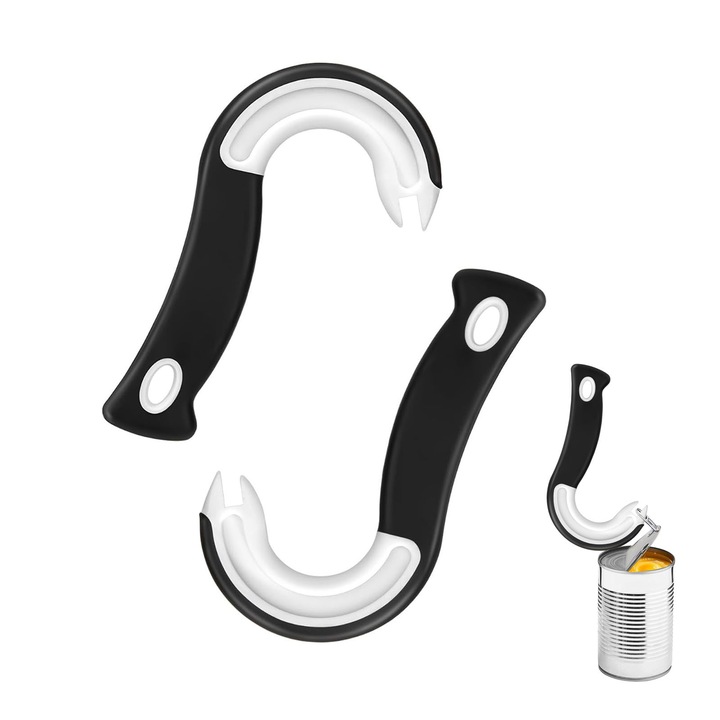 J alakú konzervnyitó, ZGGZERG, 2 db-os konzervnyitó készlet, Ergonomikus kialakítás, Csúszásgátló fogantyú, Akasztható, Kopásálló, Hordozható, Konzervdobozokhoz, Polipropilén + Lágy ragasztó, 15*9cm, Fekete+Fehér