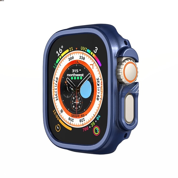 Carcasa protectoare pentru Apple Watch Ultra 49mm, cu protectie din sticla temperata 9H, design subtire, set cu 1 carcasa si 1 protectie pentru ecran, Albastru inchis