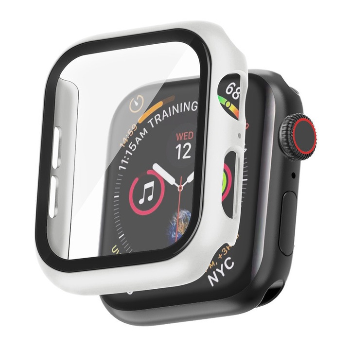 Carcasa protectoare din PC cu protectie din sticla temperata pentru Apple Watch SE (2nd Gen) Series 6/5/4 40mm, set complet, Alb