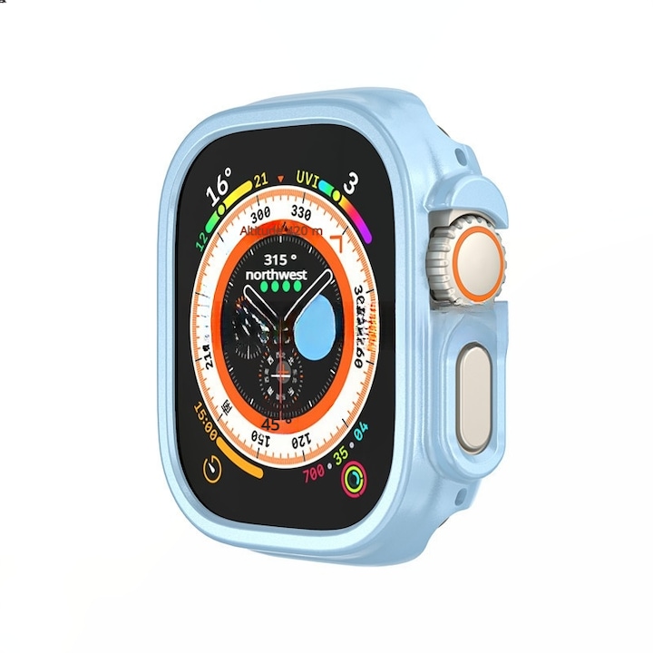 Carcasa de protectie pentru Apple Watch Ultra 49mm, cu protectie din sticla temperata 9H, design subtire, set complet, Albastra