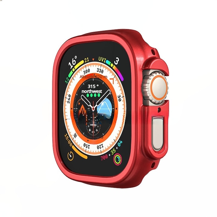 Carcasa protectoare pentru Apple Watch Ultra 49mm, cu protectie din sticla temperata 9H, design subtire, rosie, set complet