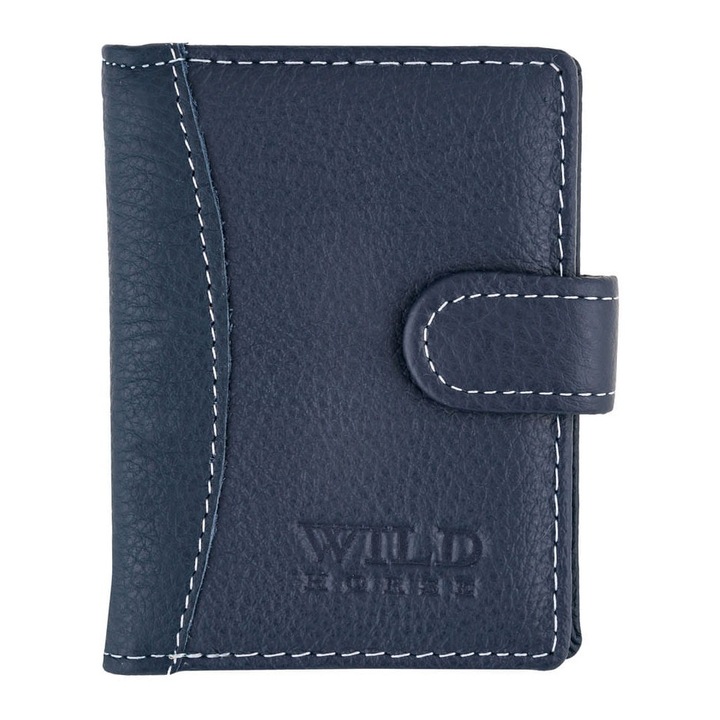 Калъф за карти и документи, Див кон, естествена кожа, 20 слота, син, малък размер