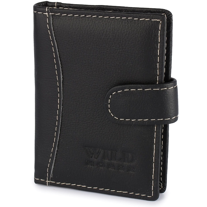 Kártyáknak és dokumentumoknak való pénztárca, Wild Horse, természetes bőr, tartós, fekete, kis méret