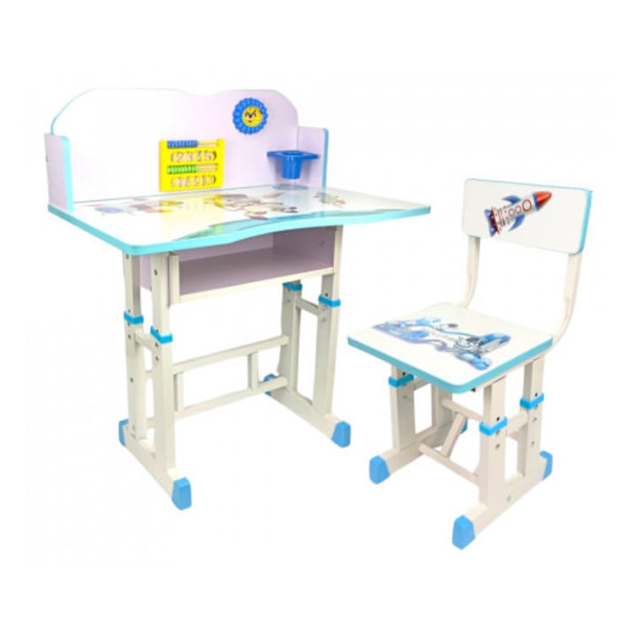 Set Birou si Scaun Reglabile si Ergonomice pentru Copii, Design Educativ, Structura Metalica Solida, Albastru