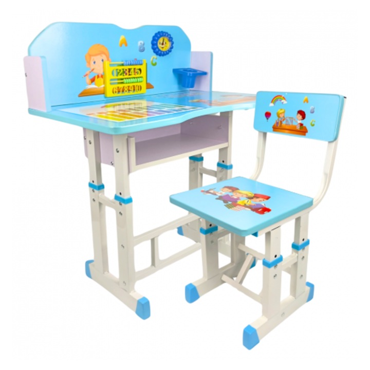 Set Birou si Scaun Reglabile si Ergonomice pentru Copii, Design Educativ, Structura Metalica Solida, Albastru