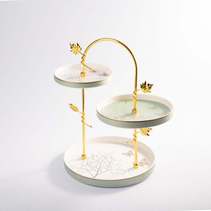 Suport elegant cu 3 nivele pentru prajituri cu design auriu – mint