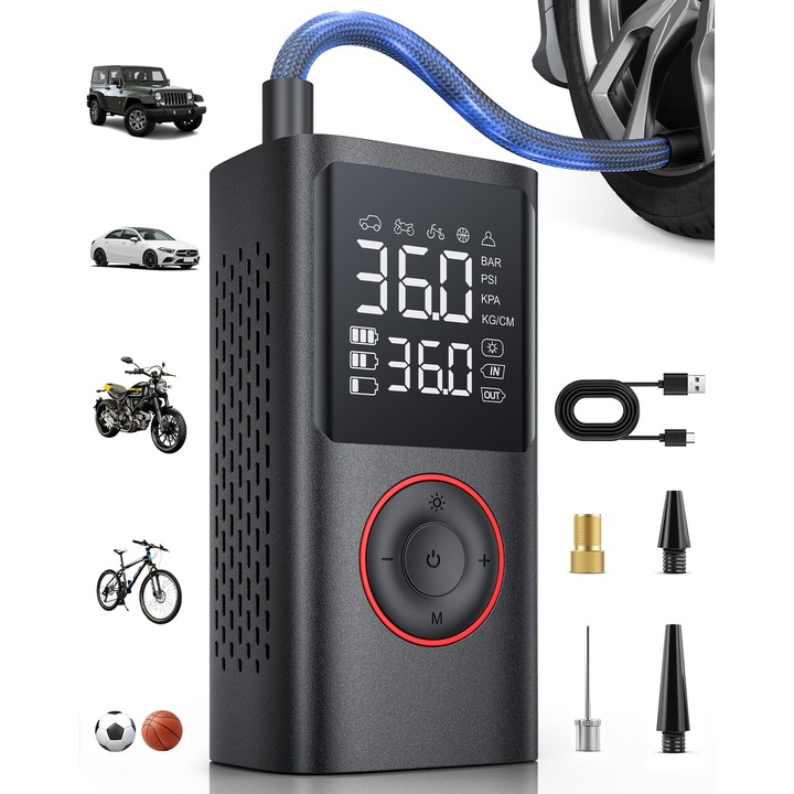 Pompa de umflat portabila HNSMART, 150 PSI, fara fir, cu manometru si LED, neagra, dimensiuni 9.5x7.4x15cm