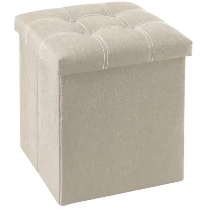 Taburet Pliabil cu Spatiu de Depozitare, Tip Cutie, Otoman, Textil, Cub 38X38X38 cm, Crem