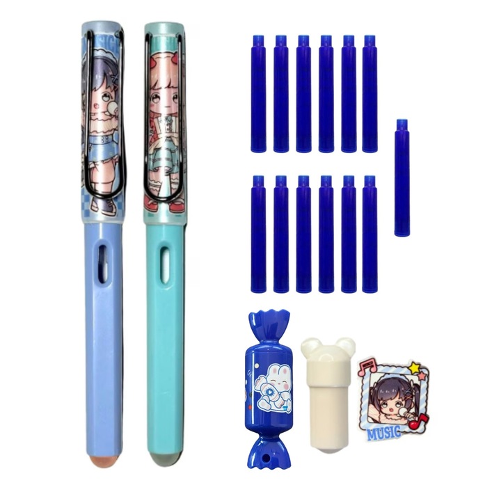 Set 2 stilouri cu cerneala termosensibila + Rezerve, Sugar roll music, Albastru