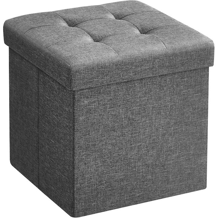 SONGMICS сгъваема табуретка 30x30x30 см, с място за съхранение, тапицирана покривка, MDF и имитация на лен, сива
