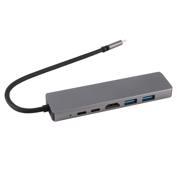 USB-C 6 az 1-ben adapter hub, HDMI 4K@30Hz, 3x USB 3.0 5Gbps, Ethernet RJ45 1000Mbps, PD 87W, SD/TF kártyaolvasó, OTG, Fém szürke