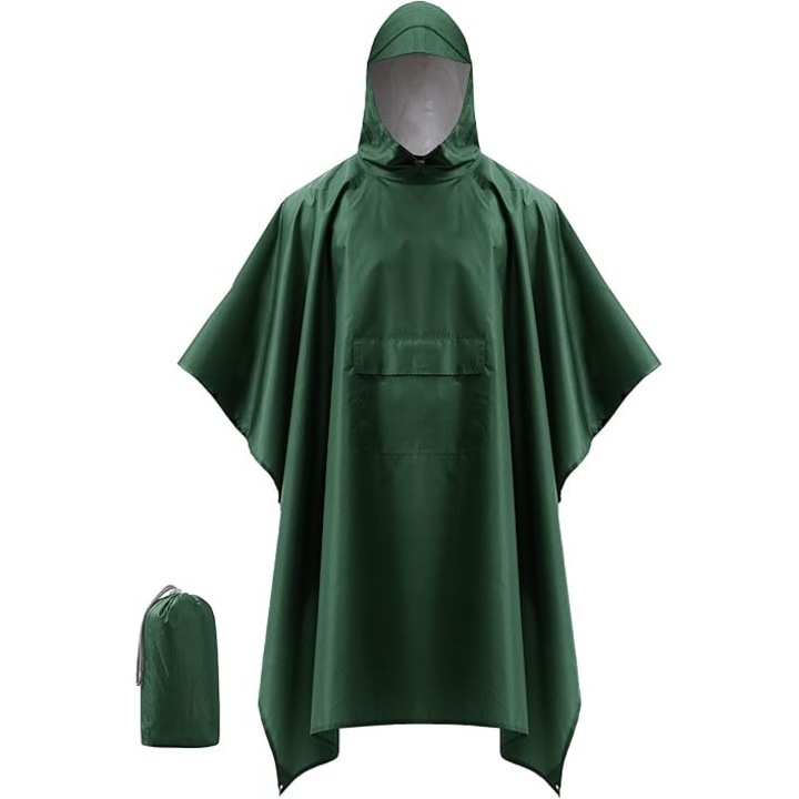 Pelerina de ploaie impermeabila 3 in 1 cu gluga si cozoroc, jacheta reutilizabila, poncho multifunctional, de buzunar, functie de cort, pentru drumetii, camping si natura