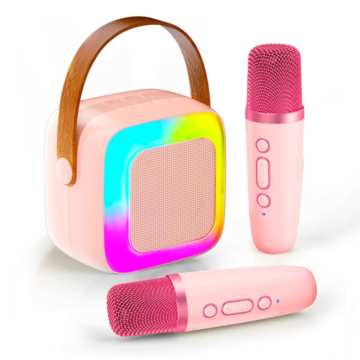 Hordozható Karaoke Készlet, JESWO, Vezeték Nélküli Mikrofon és Bluetooth Hangszóró, Rózsaszín Szín, 2 Darab