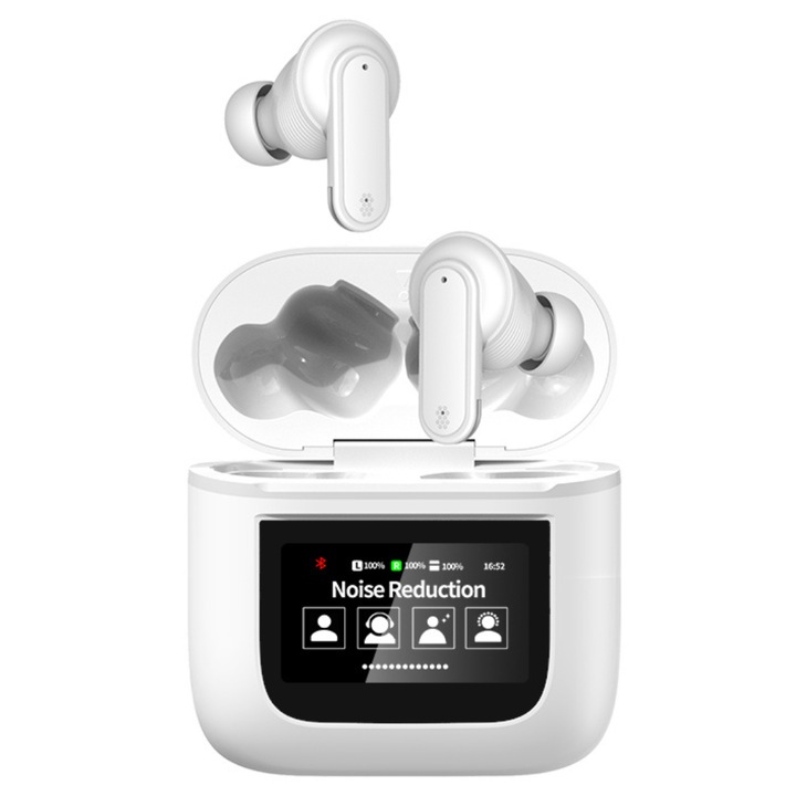 Casti wireless EM-YW05, inteligente, Bluetooth 5.3, compatibilitate universala, IOS + Android, Latenta 38 ms, Ecran tactil color, Sunet HiFi cu diafragma mare Anulare activa a zgomotului, Autonomie extinsa, gold pal