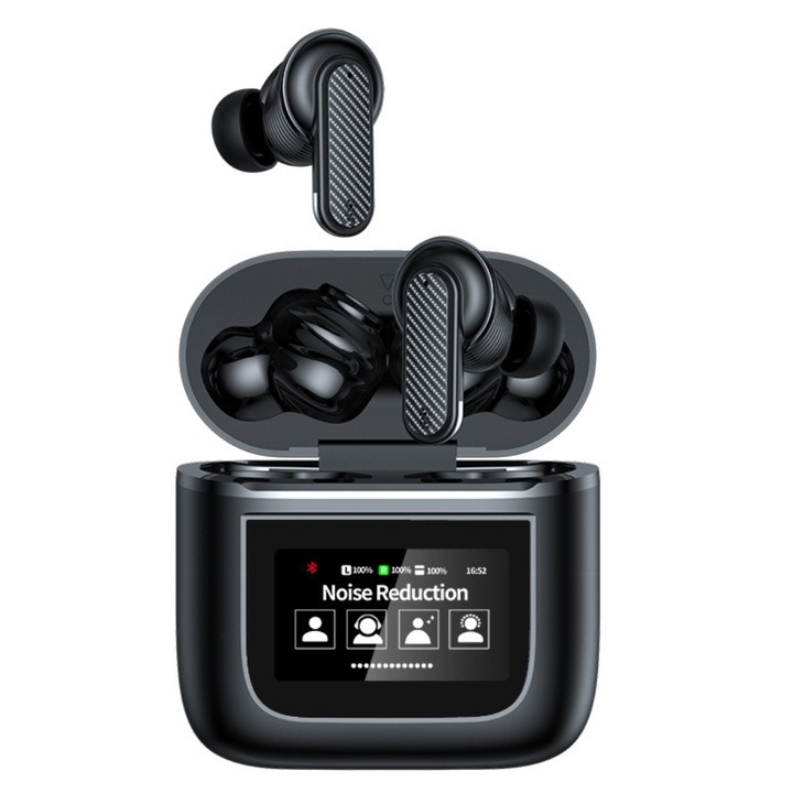 EM-YW05 vezeték nélküli fülhallgató, okos, Bluetooth 5.3, univerzális kompatibilitás, IOS + Android, 38 ms késleltetés, színes érintőképernyő, HiFi hangzás nagy membránnal, aktív zajszűrés, kiterjesztett üzemidő, fekete színű