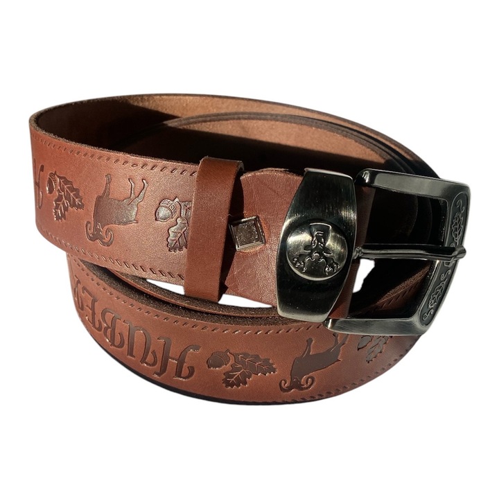 Vadász bőr öv barna, bivalybőr, erős csat 4 cm széles, 130 cm