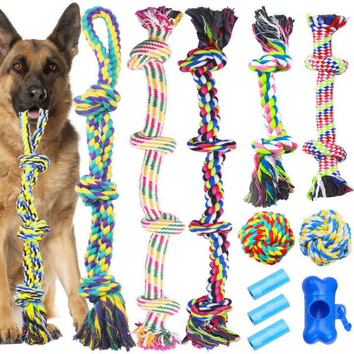 Jucarie interactiva pentru caini - Franghie de mestecat extra-rezistenta Pentru caini de talie medie si mare, bumbac, Set de 12 jucarii, Albastru multicolor