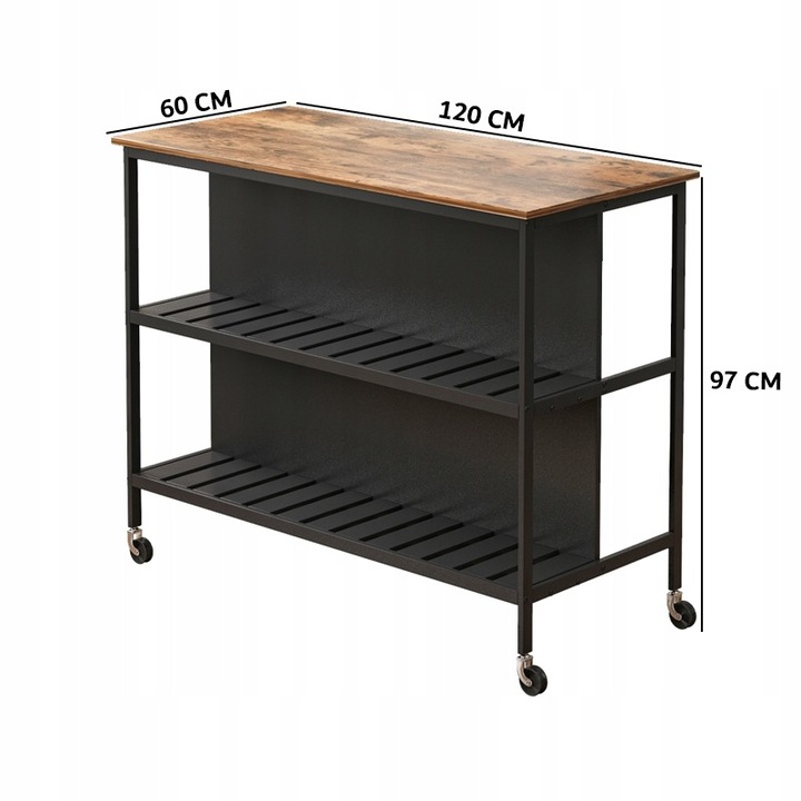 Masa bar mare pe roti, Rebiko, MDF maro inchis/negru, 120x60x97cm, multifunctionala, cu rafturi