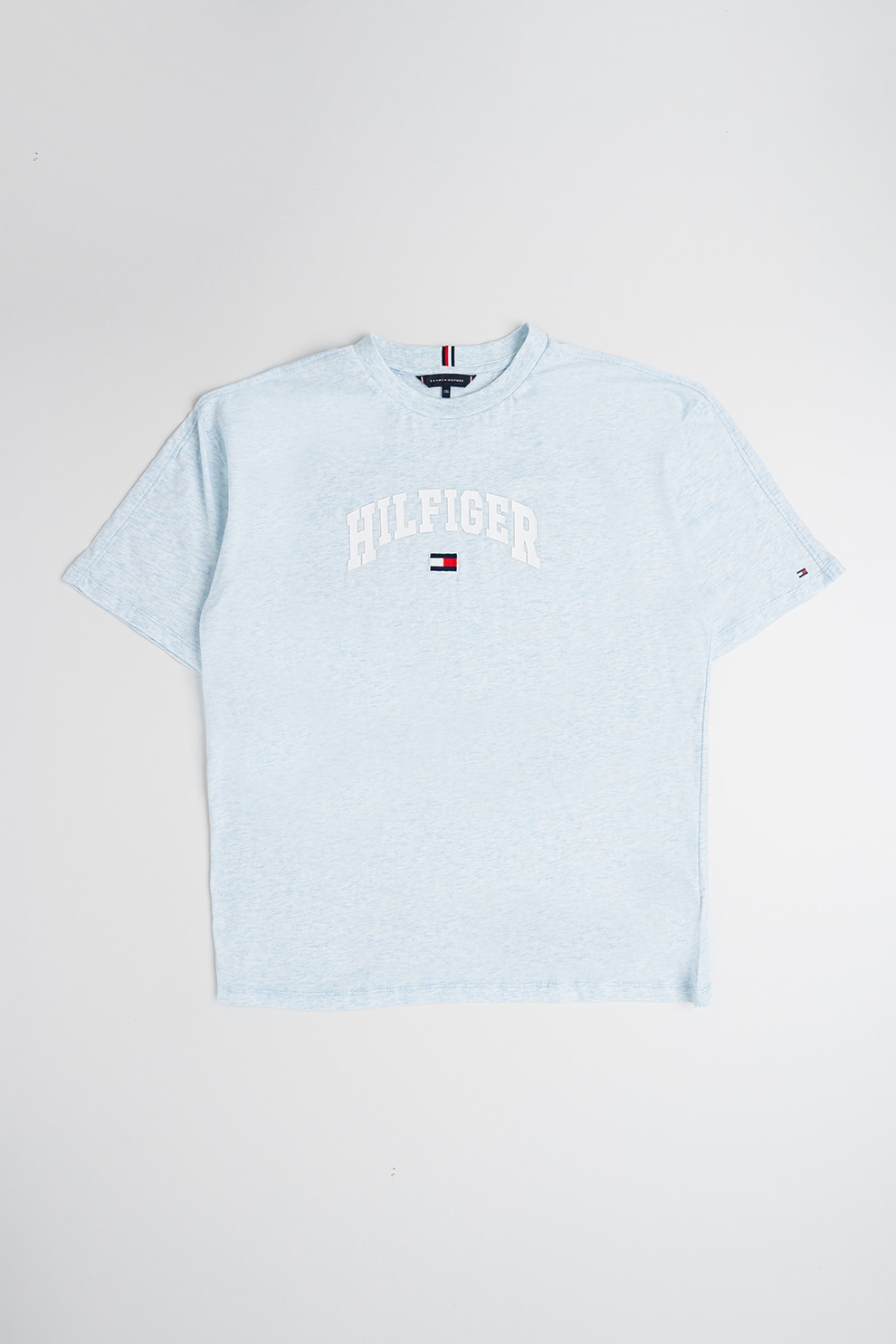 Tommy Hilfiger, Tricou de bumbac cu imprimeu logo, Albastru deschis melange, Alb optic, 128 CM