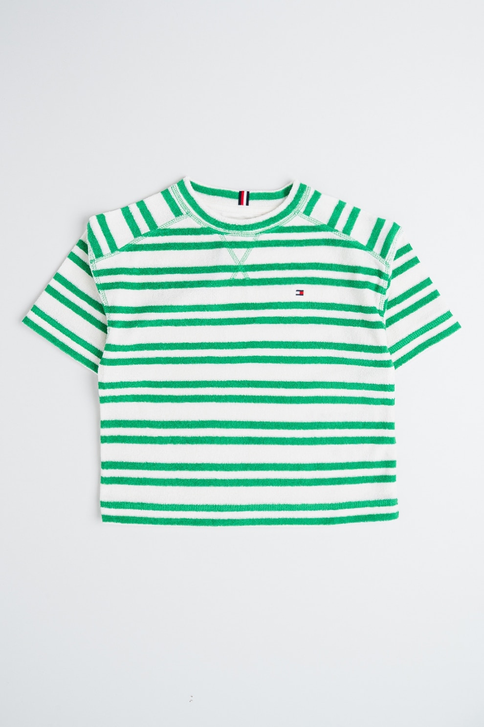 Tommy Hilfiger, Tricou din amestec de bumbac organic cu dungi, Verde, Alb murdar, 116 CM