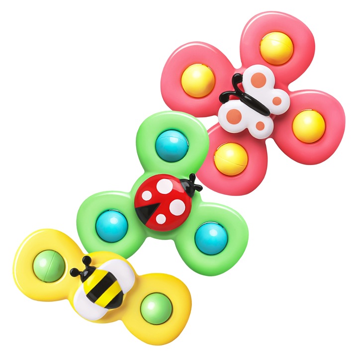 Set 3 Jucarii Interactive Fidget Spinner, forma insecte, bile zornaitoare, margini rotunde, ventuza de prindere, 1-3 ani, multicolor YB11606