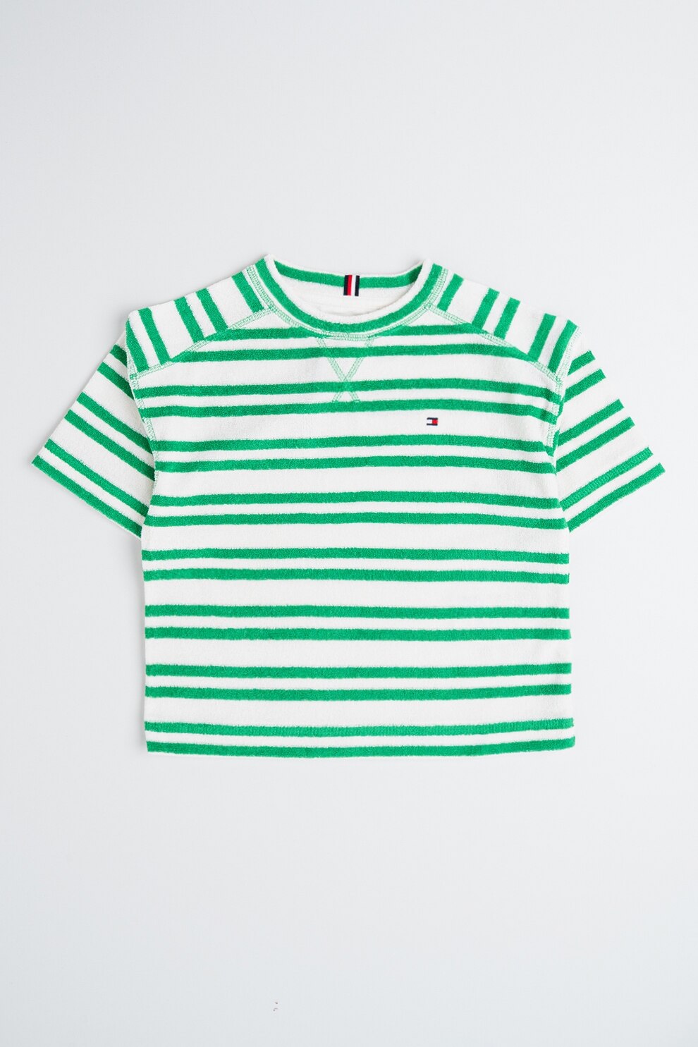 Tommy Hilfiger, Tricou din amestec de bumbac organic cu dungi, Verde, Alb murdar, 122 CM