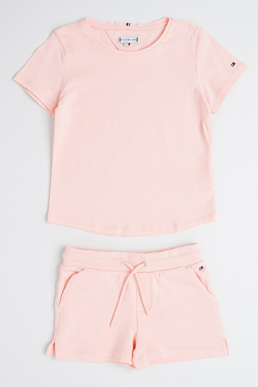 Tommy Hilfiger, Set de tricou si pantaloni scurti cu snur, Roz pastel, 170 CM