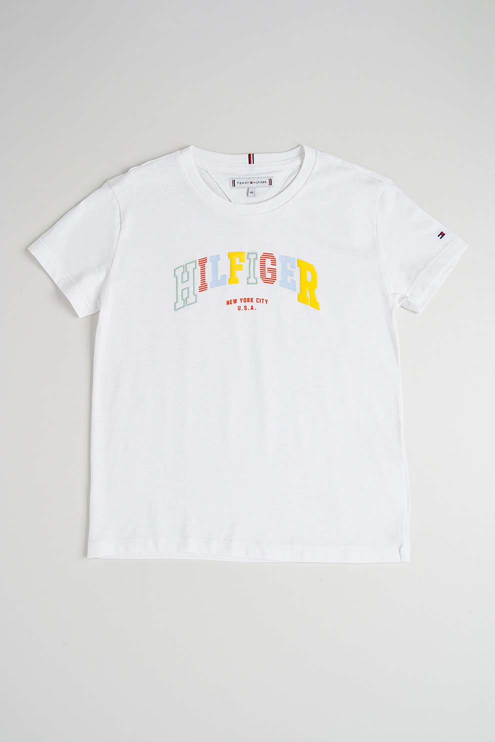 Tommy Hilfiger, Tricou varsity cu logo, Galben, Alb optic, Albastru, 170 CM