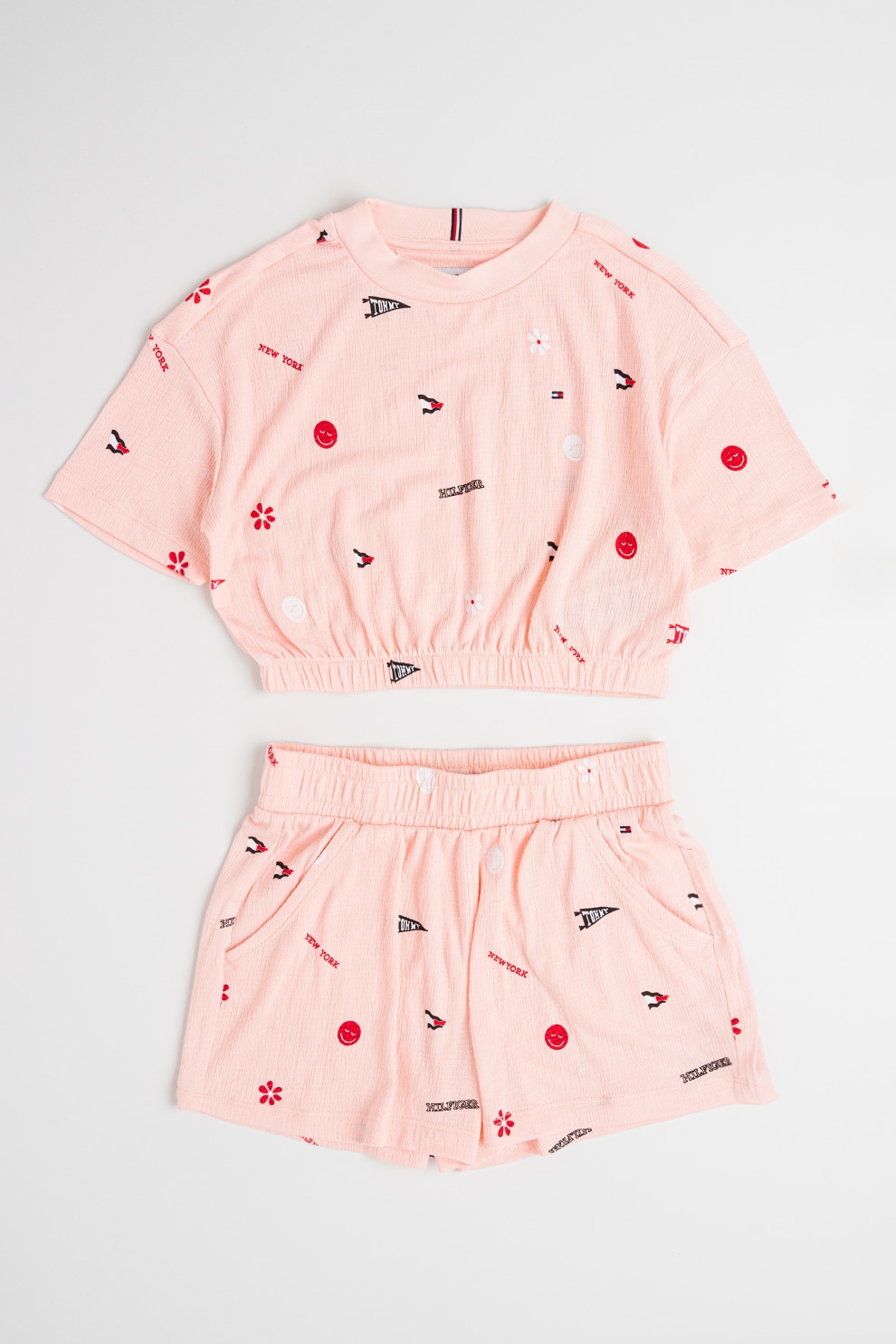 Tommy Hilfiger, Set de tricou cu imprimeu si pantaloni scurti - 2 piese, Rosu, Negru, Roz pastel, 152 CM