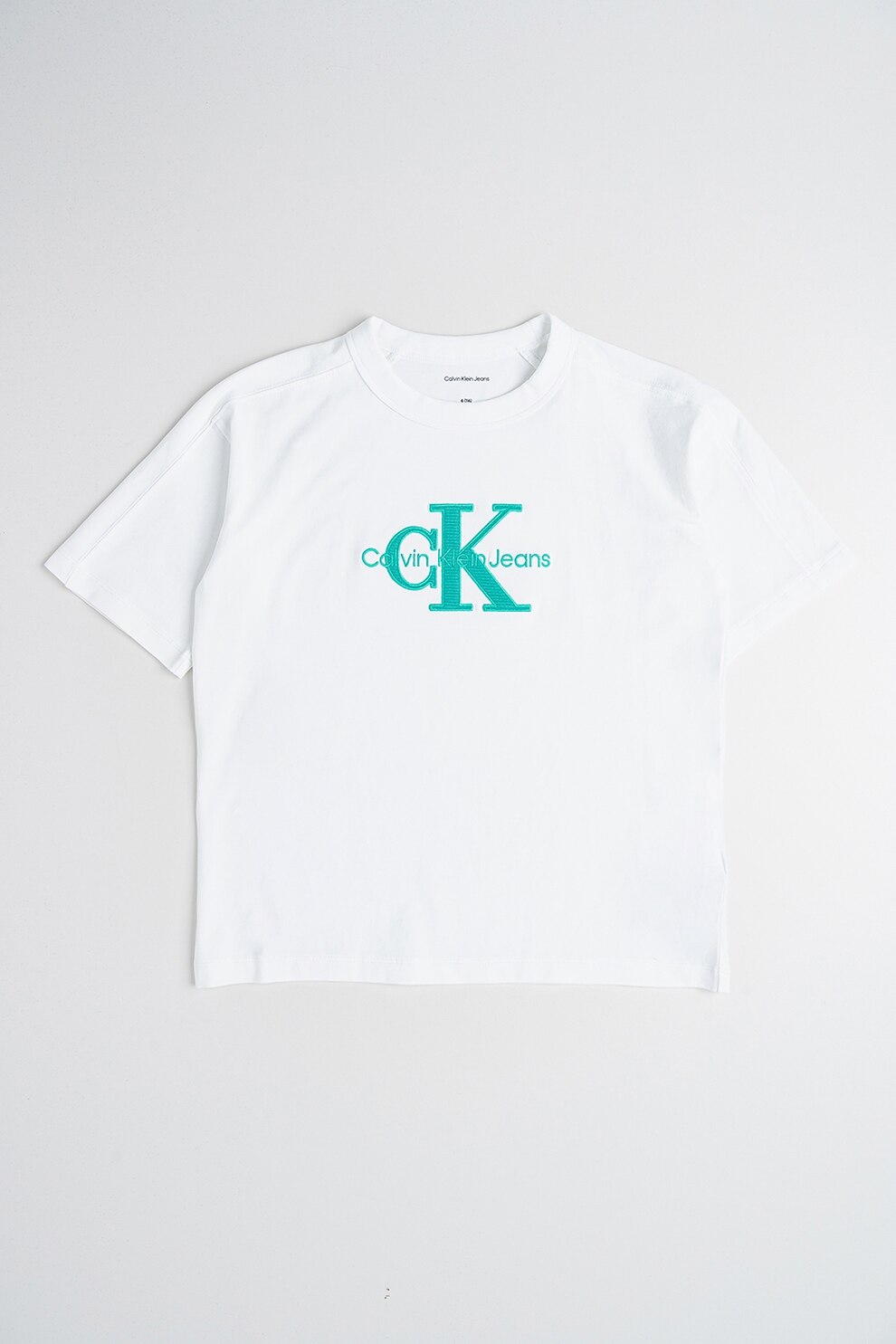 CALVIN KLEIN, Tricou cu logo si decolteu la baza gatului, Alb, Verde, 164 CM