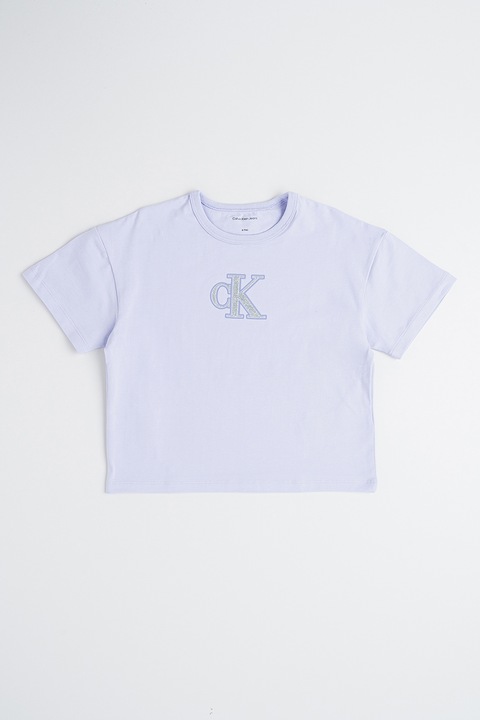 CALVIN KLEIN, Crop póló csillámos logóval, Halványlila/Ezüstszín
