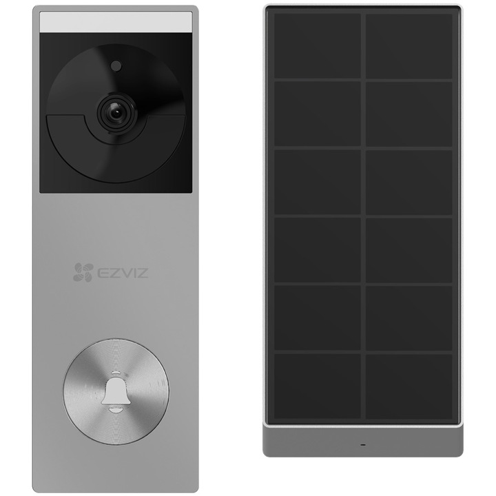 Безжичен видеодомофон EZVIZ HP3 Pro, Със соларен панел и камера за наблюдение, 32 GB вътрешна памет, 2K резолюция, IP67, Ъгъл на видимост 162°, Wi-Fi, Батерия 5200 mAh, Аларма против кражба, Двупосочна комуникация, Черен