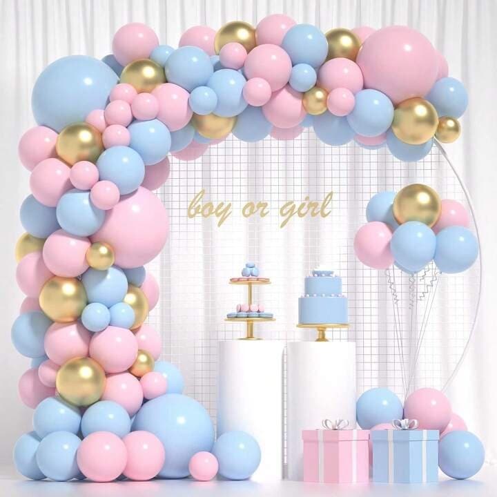 Декоративни балони за BABY SHOWER, Flippy, Arcade Set 106 латексови балона, Парти модел, Party Balloons, 12 см, 30 см, 45 см, Розов, Син, Златист